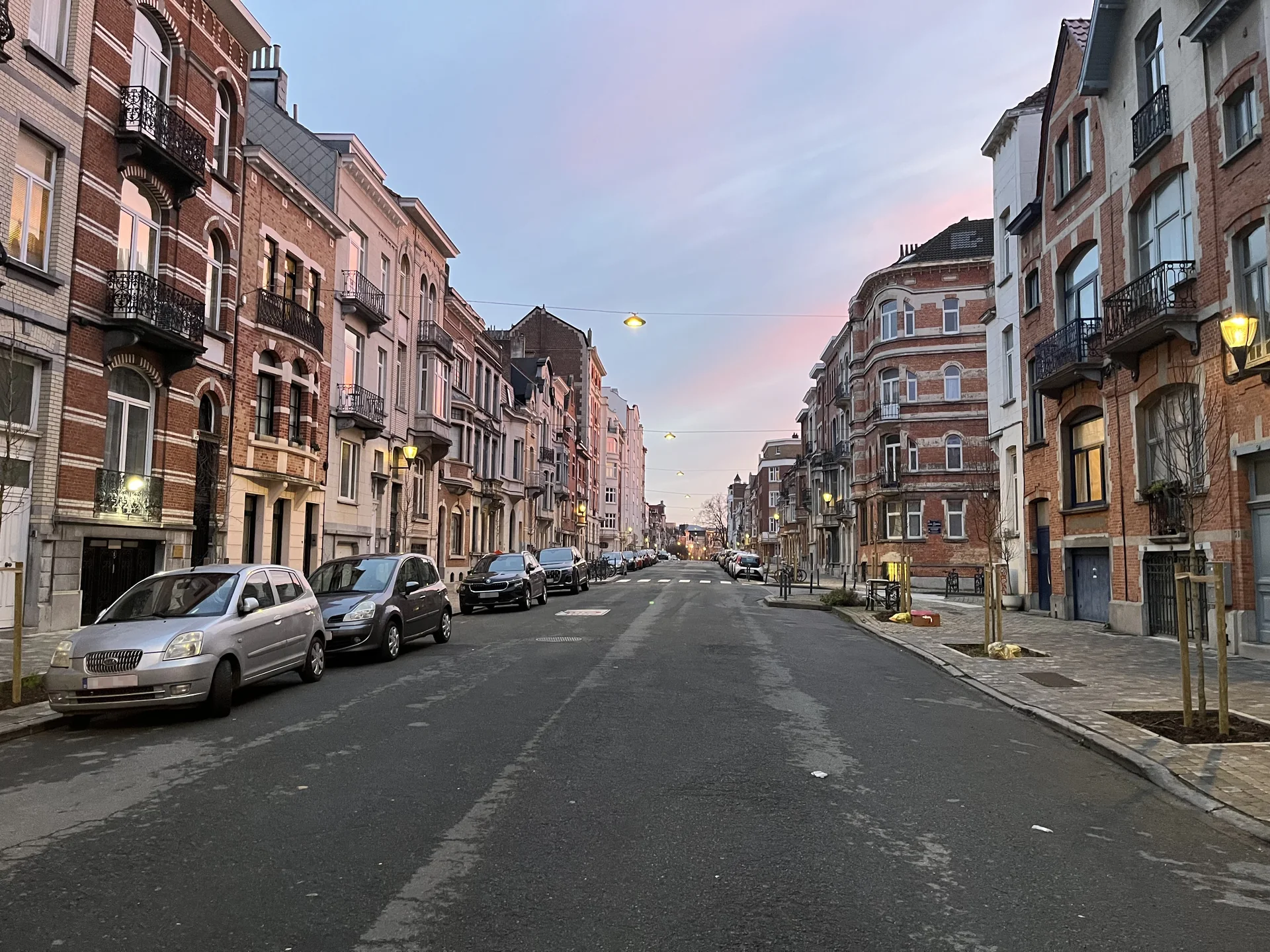 Perspective de l’avenue de l’Opale à Schaerbeek, entre façades et arbres.