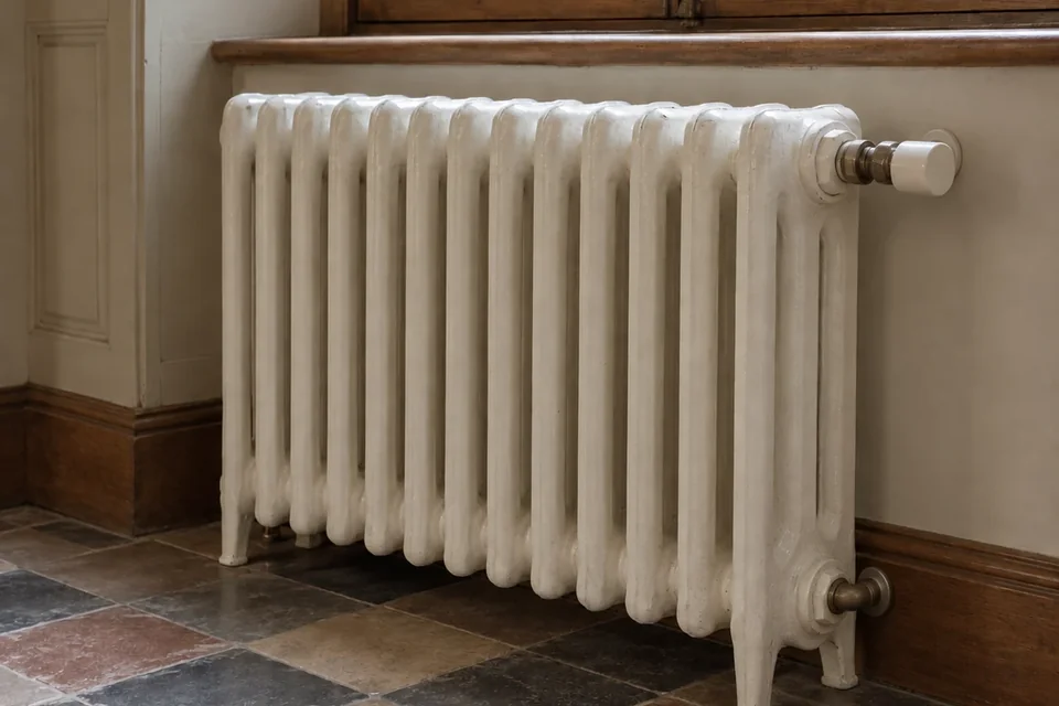 Radiateur ancien, fenêtre en bois et carrelage à décrire dans un constat