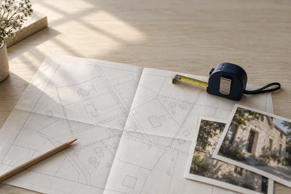 Plan schématique, mètre et photographies sur une table. Illustration générée.