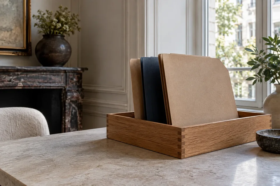 Dossiers rangés sur une table près d’une fenêtre