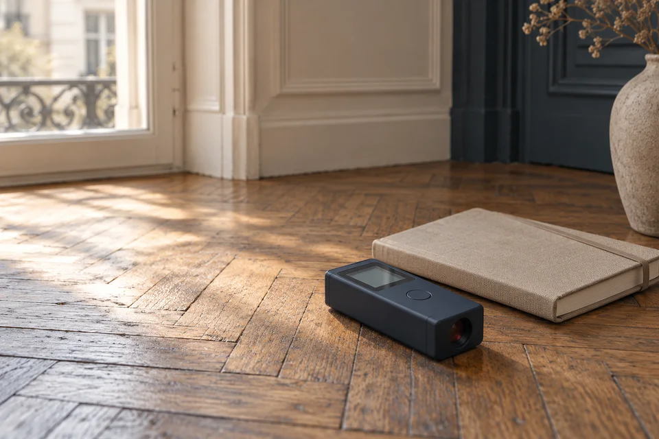 Télémètre laser et carnet sur un parquet ancien. Illustration générée.
