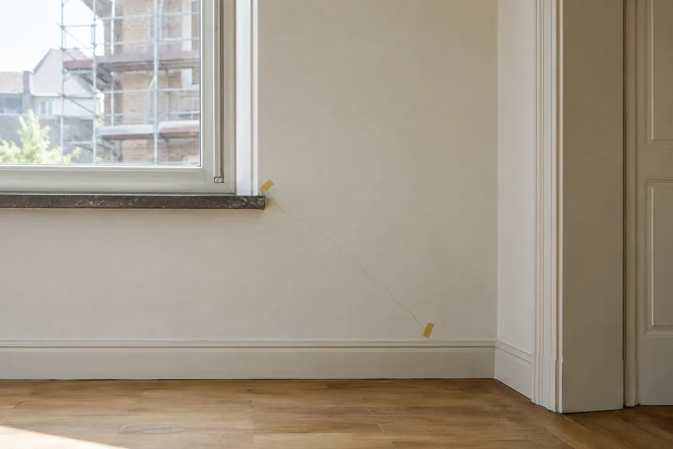 Deux temps de constat Pièce vide et échafaudage visible par la fenêtre, avant travaux