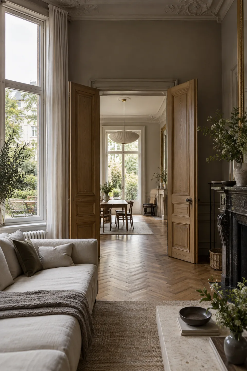 Illustration photoréaliste d’un intérieur résidentiel d’inspiration bruxelloise : pièces en enfilade, portes en bois, parquet et hautes fenêtres.