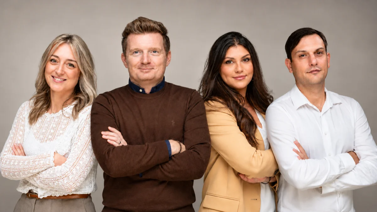 Portrait de groupe de l’équipe Keuleers Expertises, sur fond gris.