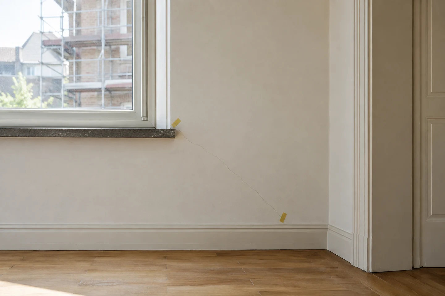 Un point de référence avant le chantier Illustration générée : Fissure existante près d’une fenêtre, délimitée par deux adhésifs sans inscription, avec échafaudage à l’extérieur.