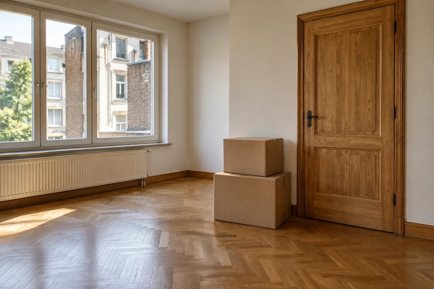 Préparer chaque étape du logement Cartons sans inscription près d’une porte, dans une pièce en cours de libération. Illustration.