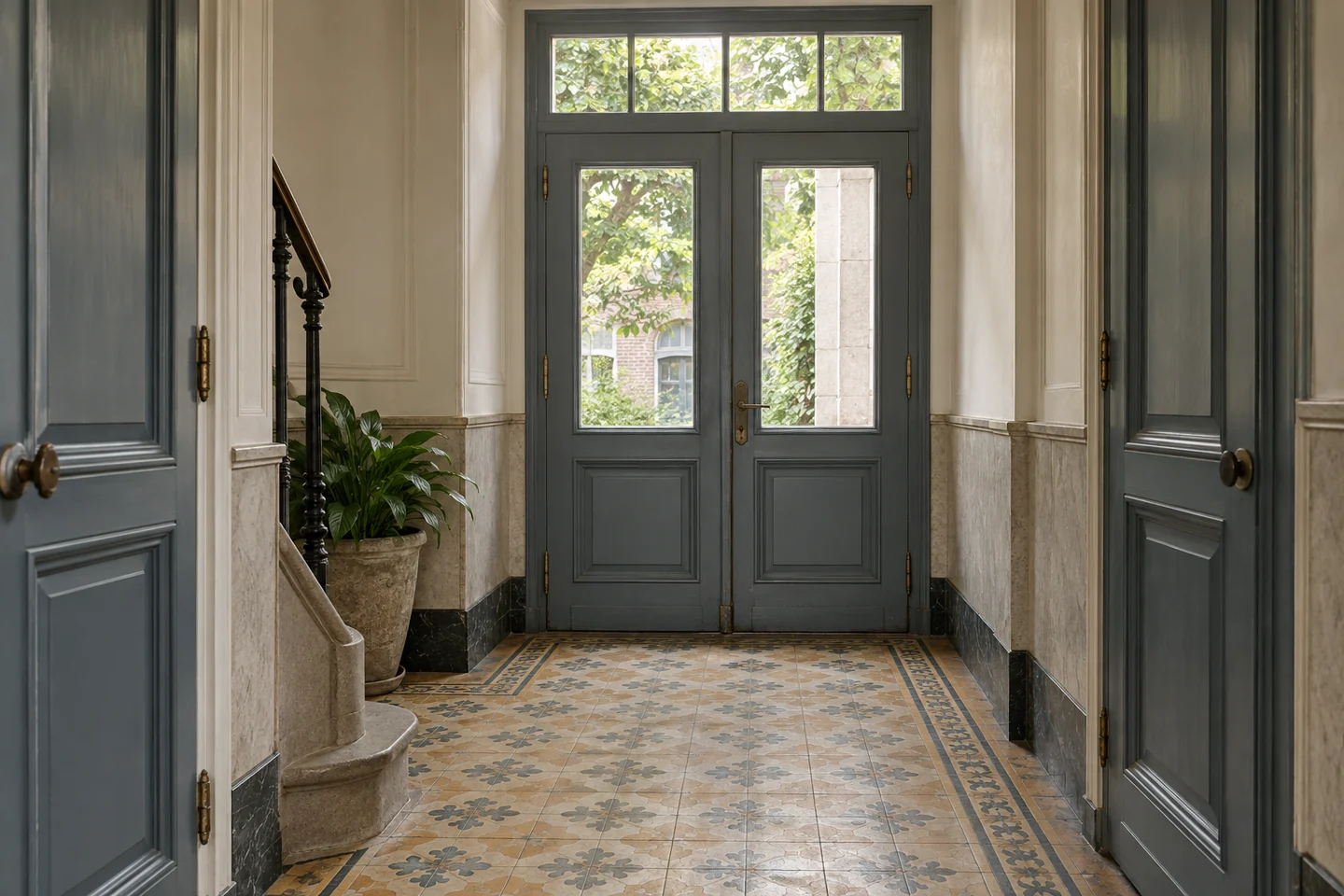 Illustration d’un vestibule ancien avec portes et seuils donnant vers les espaces communs.