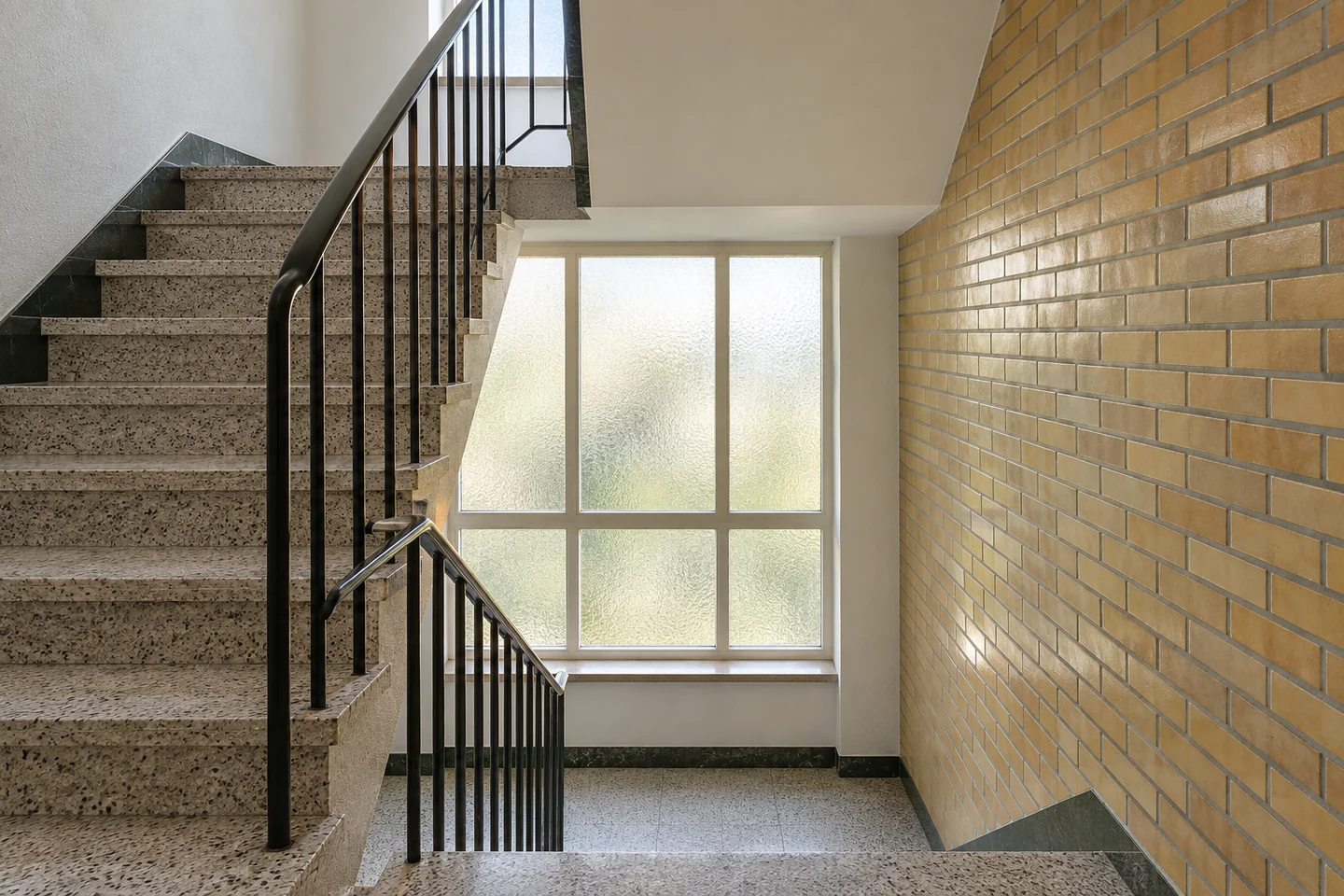 Les circulations de l’immeuble Illustration d’un palier et d’un escalier commun en terrazzo avec rampe métallique.