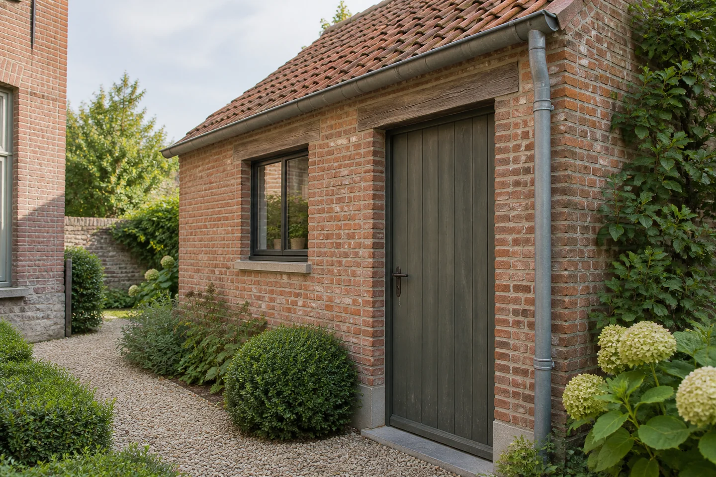 Illustration d’une annexe en brique, de sa toiture et de ses raccords d’évacuation d’eau.
