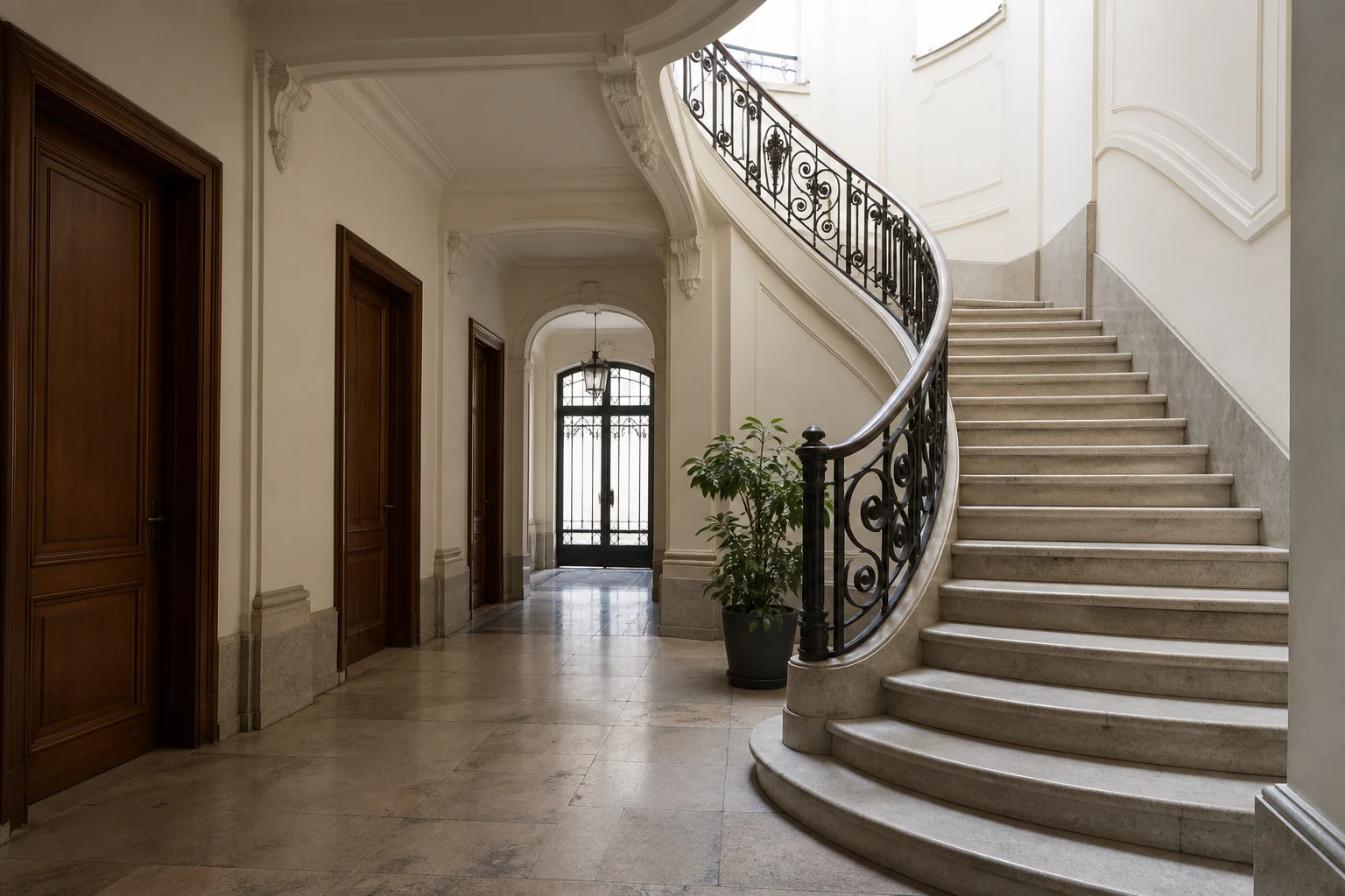 Hall ancien avec escalier courbe, garde-corps ouvragé et sol à motifs