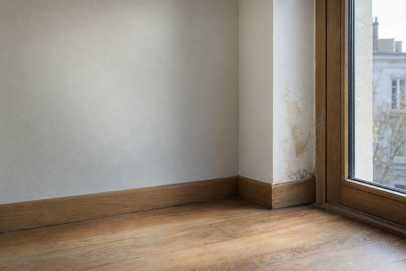 Angle de pièce, plinthe en bois et seuil d’une baie vitrée