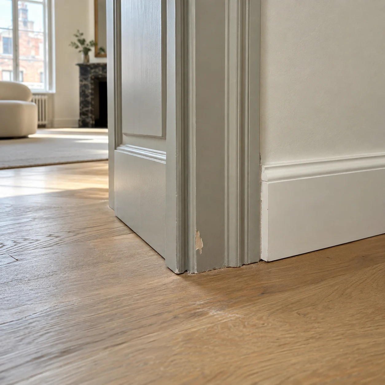 Illustration générée : Petit éclat de peinture au pied d’un encadrement de porte, à la jonction du parquet et de la plinthe.