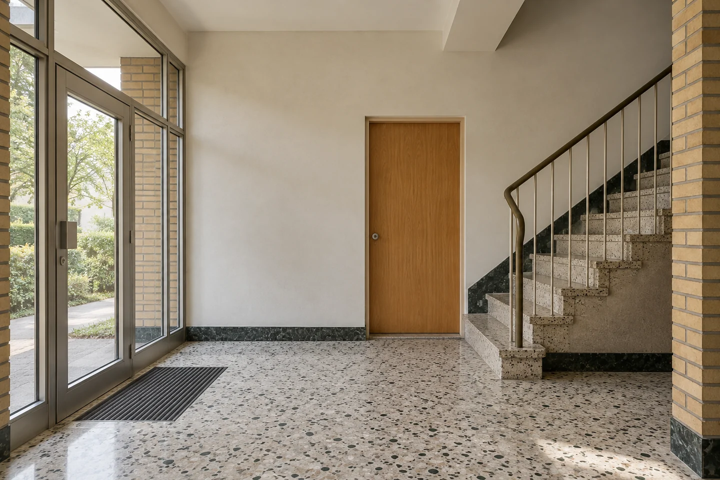Les parties communes à relever Illustration d’un hall commun en terrazzo et de ses accès vitrés.