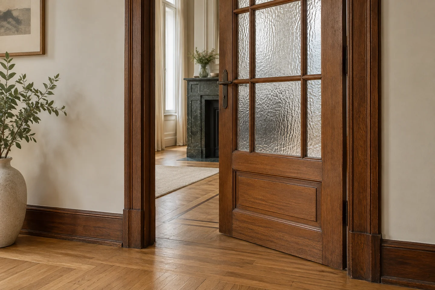 Illustration d’une porte intérieure vitrée, de sa menuiserie et du parquet adjacent.