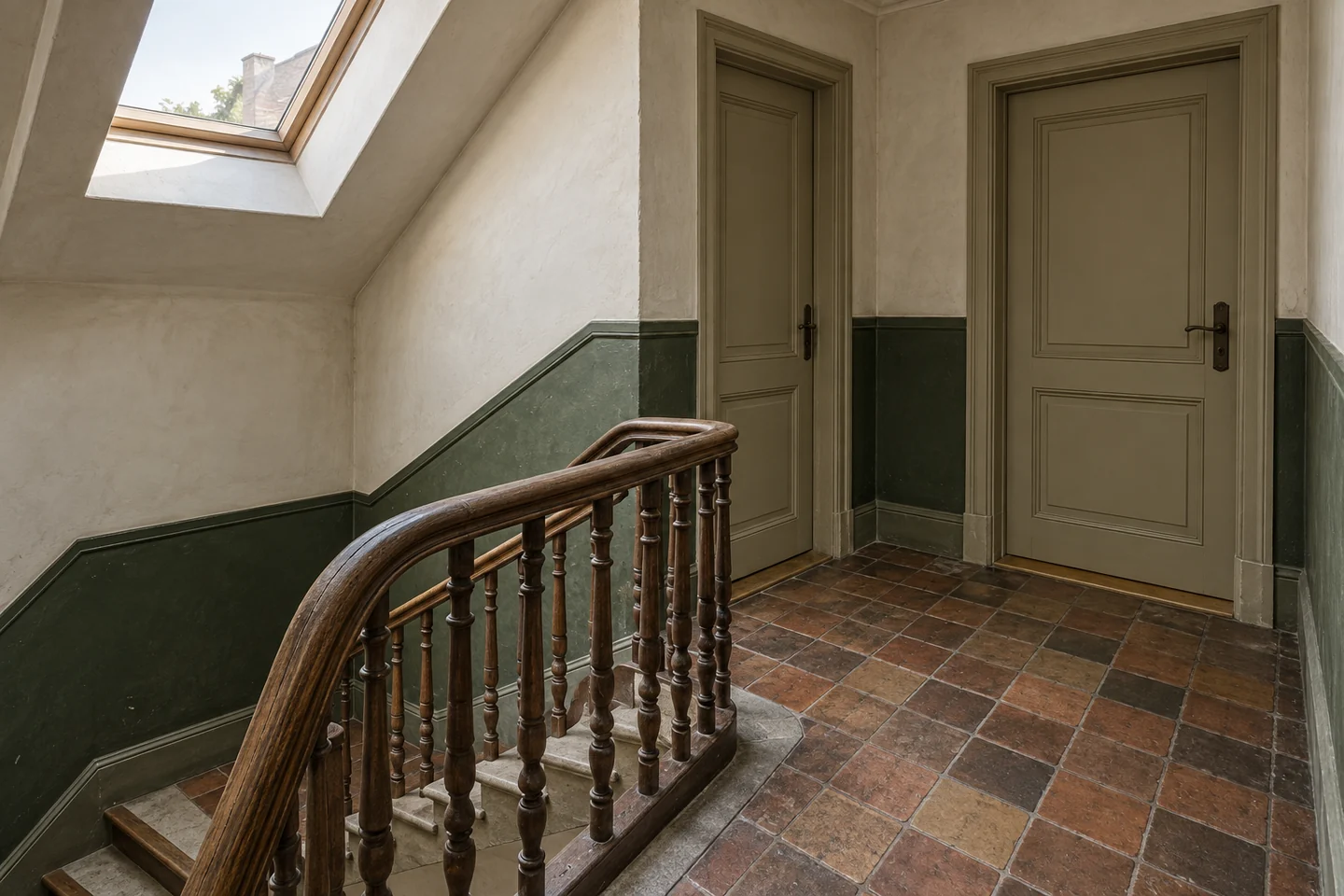 Illustration d’un palier partagé, avec portes palières, carrelage et escalier en bois.
