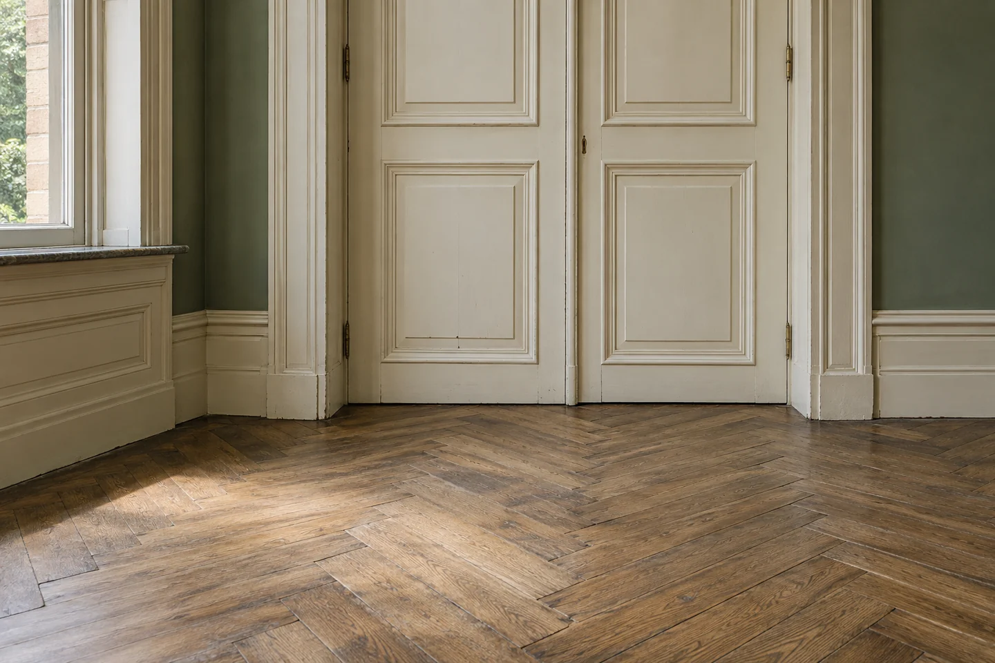 Illustration d’un parquet ancien et d’une porte intérieure moulurée à examiner.