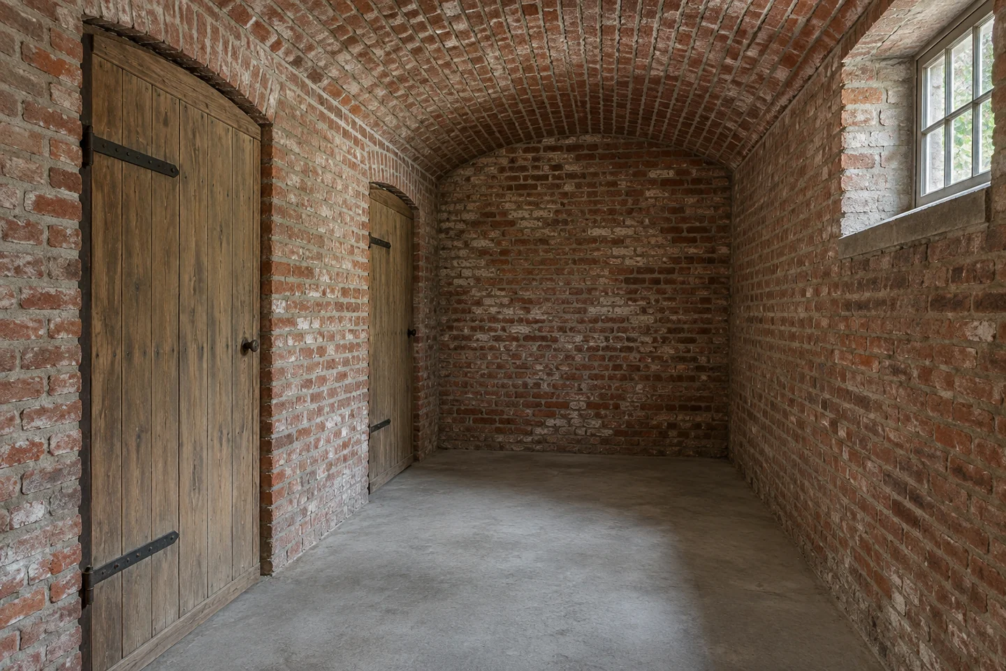 Illustration d’un couloir de cave et de portes de rangement dans un bâti en brique.