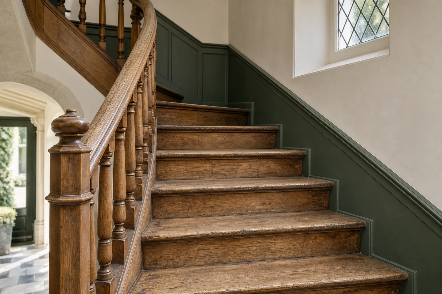 Illustration d’un escalier ancien en bois dont les marches et la rampe restent lisibles.