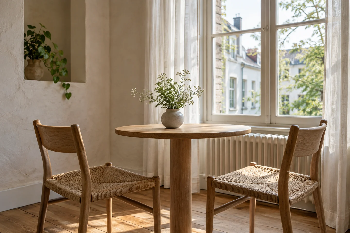 Deux chaises autour d’une petite table ronde près d’une fenêtre. Illustration.