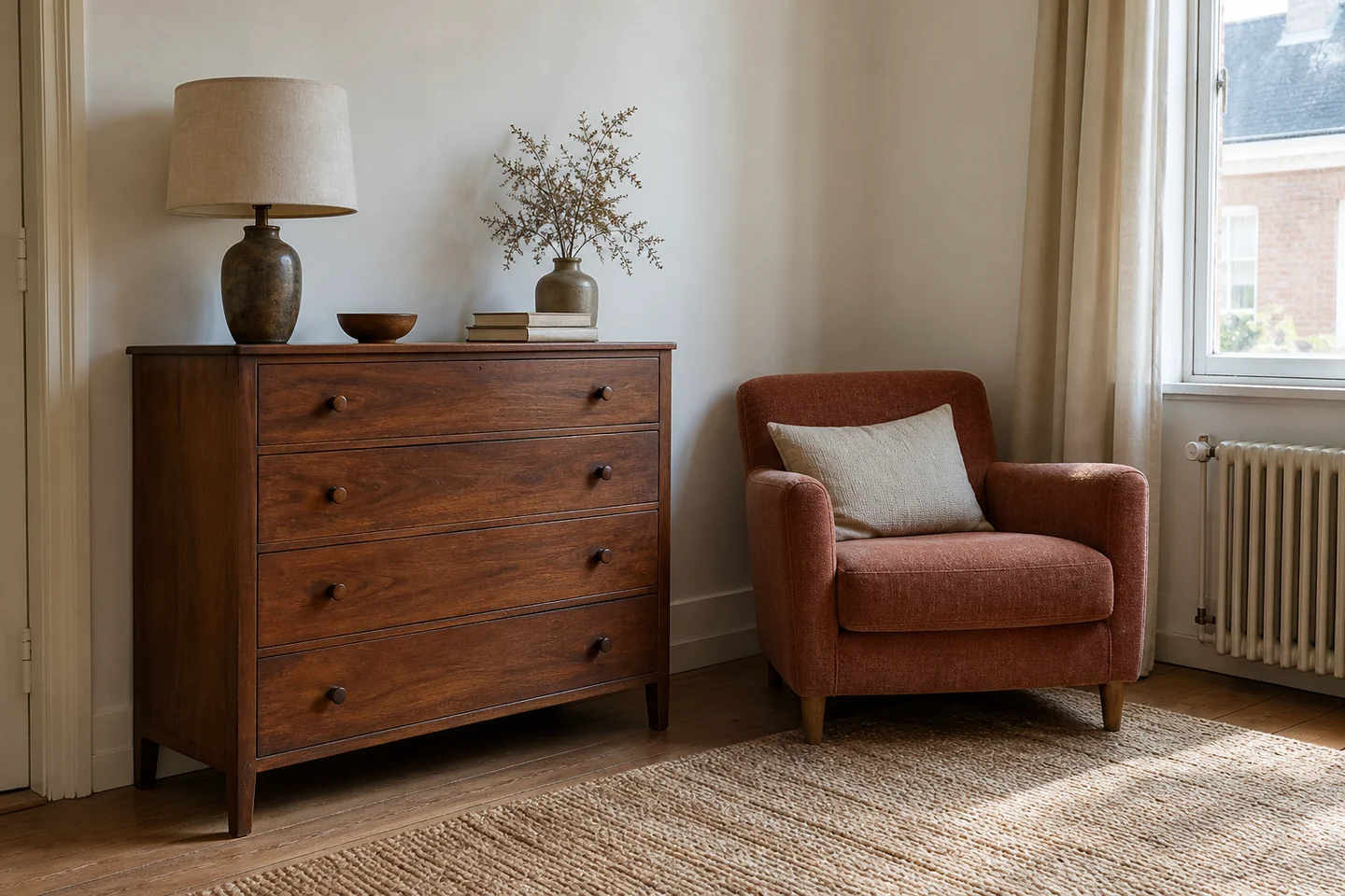 Fauteuil en tissu et commode en bois dans un logement meublé. Illustration.