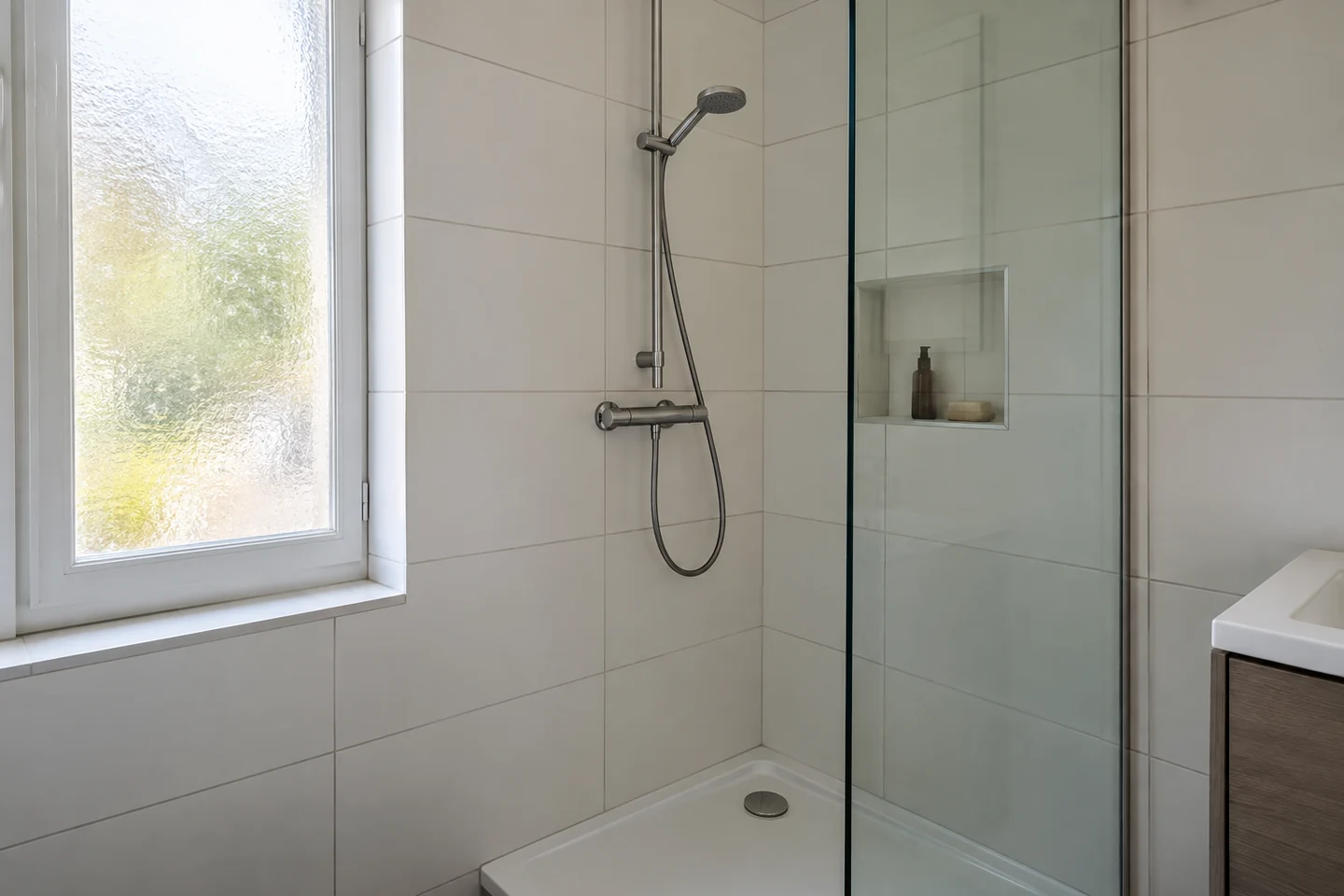 Une salle d’eau utilisable Douche avec receveur, paroi vitrée et fenêtre à verre dépoli. Illustration.